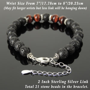 Handmade Tarot Practice Karma Bracelet with Healing Yoga Enhancement Lava Rock & Red Tiger Eye 8mm Protection Stones, Genuine S925 Sterling Silver Parts - BR1481