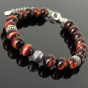Yoga Pilates Wellness Energy Bracelet with Red Tiger Eye Healing 8mm Gemstone Tarot Crystals & Genuine S925 Sterling Silver Parts - BR1494