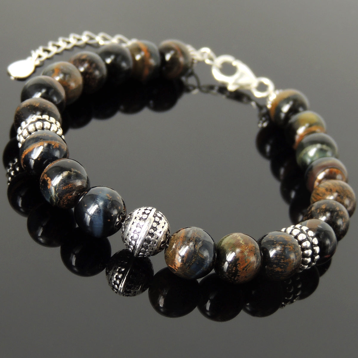 Yoga Pilates Wellness Energy Bracelet with Rare Mixed Blue Tiger Eye Healing 8mm Gemstone Tarot Crystals & Genuine S925 Sterling Silver Parts - BR1495