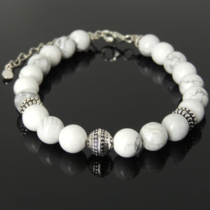 Yoga Pilates Energy Stamina Bracelet with Healing White Howlite 8mm Gemstones & Genuine S925 Sterling Silver Energy Beads, Clasp, Chain - BR1499