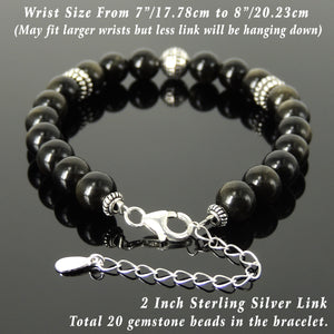 Yoga Pilates Energy Stamina Bracelet with Healing Golden Obsidian 8mm Gemstones & Genuine S925 Sterling Silver Energy Beads, Clasp, Chain - BR1500