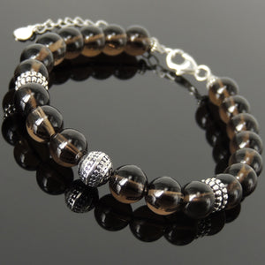 Yoga Pilates Energy Stamina Bracelet with Healing Smoky Quartz Crystal 8mm Gemstones & Genuine S925 Sterling Silver Energy Beads, Clasp, Chain - BR1501