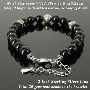 Yoga Pilates Energy Stamina Bracelet with Healing Bright Black Onyx 8mm Gemstones & Genuine S925 Sterling Silver Energy Beads, Clasp, Chain - BR1502