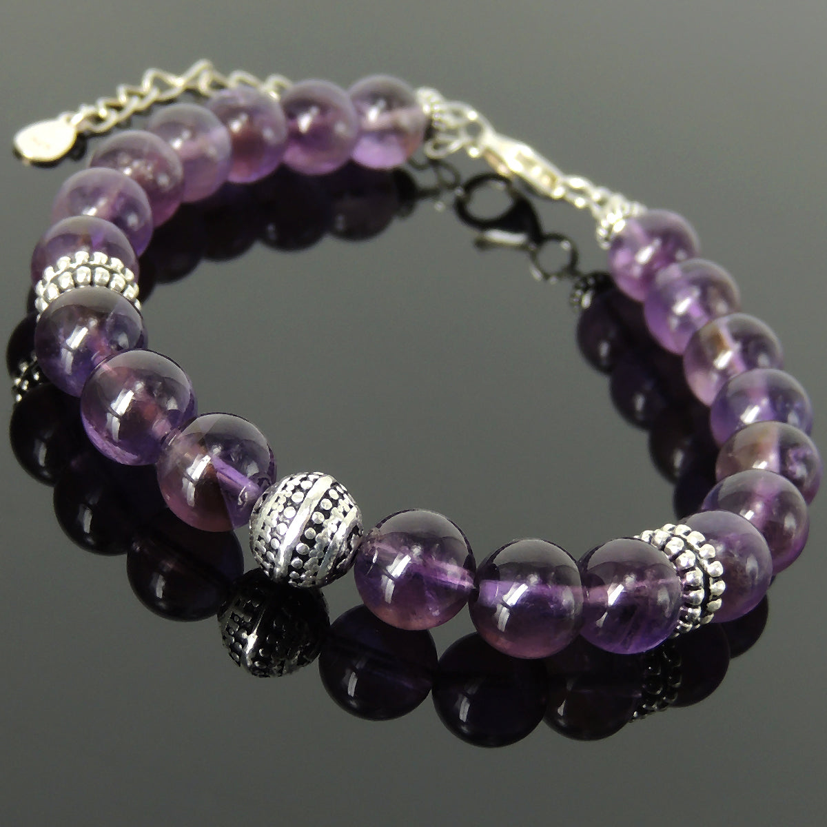 Yoga Pilates Energy Stamina Bracelet with Healing 8mm Amethyst Crystals Conscious Meditation Gemstones & Genuine S925 Sterling Silver Energy Beads, Clasp, Chain - BR1506