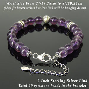 Yoga Pilates Energy Stamina Bracelet with Healing 8mm Amethyst Crystals Conscious Meditation Gemstones & Genuine S925 Sterling Silver Energy Beads, Clasp, Chain - BR1506