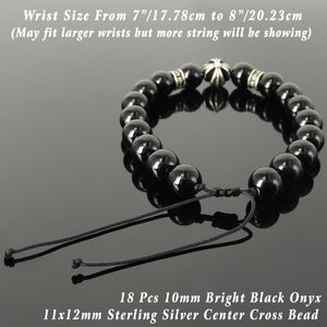 Handmade Cross Pattern Design Braided Bracelet Healing Bright Black Onyx 10mm Gemstones for Grounding Conscious Meditation & Wellness with Genuine S925 Sterling Silver Beads - BR1510