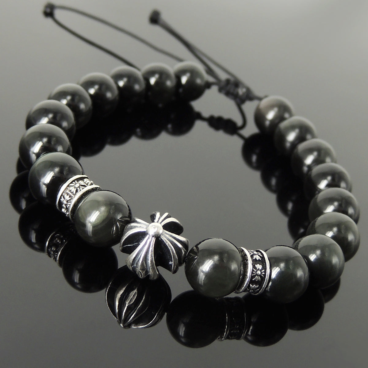 Handmade Cross Pattern Design Braided Bracelet Healing Rainbow Black Obsidian 10mm Gemstones for Grounding Conscious Meditation & Wellness with Genuine S925 Sterling Silver Beads - BR1511