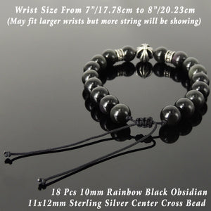 Handmade Cross Pattern Design Braided Bracelet Healing Rainbow Black Obsidian 10mm Gemstones for Grounding Conscious Meditation & Wellness with Genuine S925 Sterling Silver Beads - BR1511