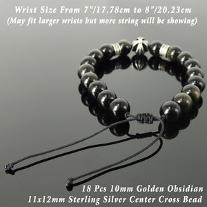 Handmade Cross Pattern Design Braided Bracelet Healing Golden Obsidian 10mm Gemstones for Grounding Conscious Meditation & Wellness with Genuine S925 Sterling Silver Beads - BR1512