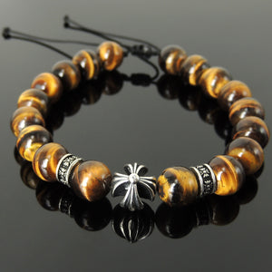 Handmade Cross Pattern Design Braided Bracelet Healing Brown Tiger Eye 10mm Gemstones for Grounding Conscious Meditation & Prayer with Genuine S925 Sterling Silver Beads - BR1514