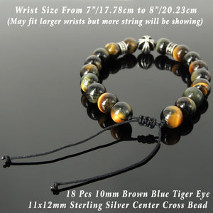 Handmade Cross Pattern Design Braided Bracelet Healing 10mm Brown Blue Tiger Eye Gemstones for Grounding Conscious Meditation & Prayer with Genuine S925 Sterling Silver Beads - BR1517
