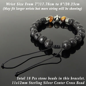 Handmade Cross Pattern Design Braided Bracelet Healing 10mm Brown Tiger Eye & Lava Rock Gemstones for Grounding Conscious Meditation & Prayer with Genuine S925 Sterling Silver Beads - BR1520