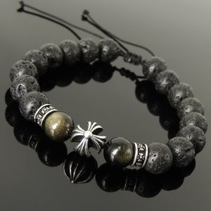 Handmade Cross Pattern Design Braided Bracelet Healing 10mm Golden Obsidian & Lava Rock Gemstones for Grounding Conscious Meditation & Prayer with Genuine S925 Sterling Silver Beads - BR1522