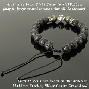 Handmade Cross Pattern Design Braided Bracelet Healing 10mm Golden Obsidian & Lava Rock Gemstones for Grounding Conscious Meditation & Prayer with Genuine S925 Sterling Silver Beads - BR1522