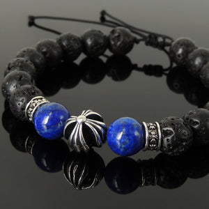 Handmade Braided Cross Pattern Design Bracelet - Healing Protection 10mm Lapis Lazuli, Lava Rock Stone Beads, Adjustable Drawstring, & Genuine 925 Sterling Silver Parts BR1524