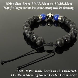 Handmade Braided Cross Pattern Design Bracelet - Healing Protection 10mm Lapis Lazuli, Lava Rock Stone Beads, Adjustable Drawstring, & Genuine 925 Sterling Silver Parts BR1524