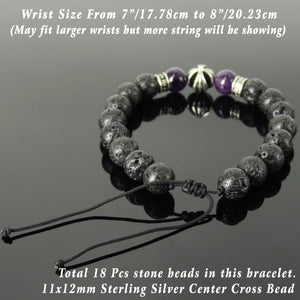 Handmade Braided Cross Pattern Design Bracelet - Healing Protection 10mm Amethyst Crystals, Lava Rock Stone Beads, Adjustable Drawstring, & Genuine 925 Sterling Silver Parts BR1526