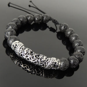 Handmade Chinese Zodiac Dragon Braided Bracelet - 10mm Lava Rock Healing Sacred Geometry Stone Beads, Adjustable Drawstring, & Genuine 925 Sterling Silver Parts BR1528