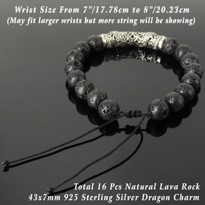 Handmade Chinese Zodiac Dragon Braided Bracelet - 10mm Lava Rock Healing Sacred Geometry Stone Beads, Adjustable Drawstring, & Genuine 925 Sterling Silver Parts BR1528