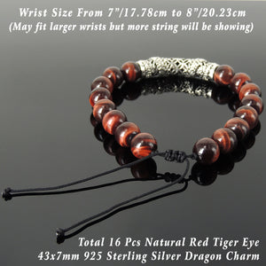 Handmade Chinese Zodiac Dragon Braided Bracelet - 10mm Red Tiger Eye Healing Sacred Geometry Gemstone Beads, Adjustable Drawstring, & Genuine 925 Sterling Silver Parts BR1530