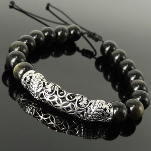 Handmade Chinese Zodiac Dragon Braided Bracelet - 10mm Golden Obsidian Healing Sacred Geometry Gemstone Beads, Adjustable Drawstring, & Genuine 925 Sterling Silver Parts BR1531