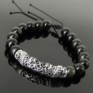 Handmade Chinese Zodiac Dragon Braided Bracelet - 10mm Rainbow Black Obsidian Healing Sacred Geometry Gemstone Beads, Adjustable Drawstring, & Genuine 925 Sterling Silver Parts BR1532