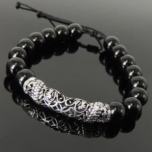 Handmade Chinese Zodiac Dragon Braided Bracelet - 10mm Bright Black Onyx Healing Sacred Geometry Gemstone Beads, Adjustable Drawstring, & Genuine 925 Sterling Silver Parts BR1533