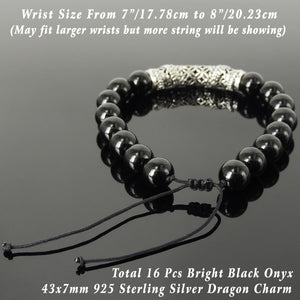 Handmade Chinese Zodiac Dragon Braided Bracelet - 10mm Bright Black Onyx Healing Sacred Geometry Gemstone Beads, Adjustable Drawstring, & Genuine 925 Sterling Silver Parts BR1533