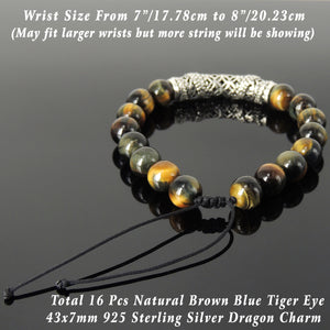 Handmade Chinese Zodiac Dragon Braided Bracelet - 10mm Brown Blue Tiger Eye Gemstones Healing Sacred Geometry, Adjustable Drawstring, & Genuine 925 Sterling Silver Parts BR1535