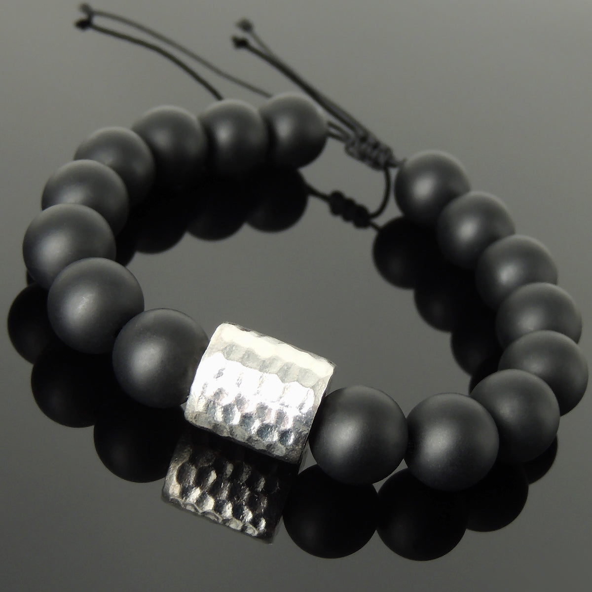 Handmade Braided Soothing Bracelet - 12mm Matte Black Onyx Gemstones Healing Base Chakra Earth Element, Adjustable Drawstring, & Genuine S925 Sterling Silver Faceted Barrel Bead BR1542