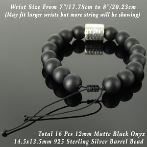 Handmade Braided Soothing Bracelet - 12mm Matte Black Onyx Gemstones Healing Base Chakra Earth Element, Adjustable Drawstring, & Genuine S925 Sterling Silver Faceted Barrel Bead BR1542
