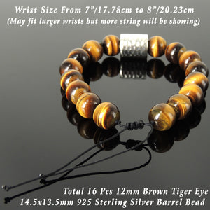 Soothing Handmade Braided Bracelet - 12mm Brown Tiger Eye Gemstones Healing Earth Element, Adjustable Drawstring, & Genuine S925 Sterling Silver Faceted Barrel Bead BR1543