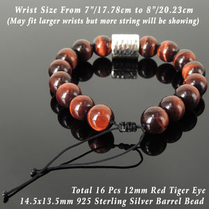 Soothing Handmade Braided Bracelet - 12mm Red Tiger Eye Gemstones Healing Fire Element, Adjustable Drawstring, & Genuine S925 Sterling Silver Faceted Barrel Bead BR1544