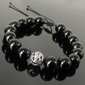 Handmade Asian Dragon Braided Bracelet - Men & Women Good Fortune Protection with Bright Black Onyx 12mm Gemstones, Adjustable Drawstring, S925 Sterling Silver Bead (Non-plated) BR1546