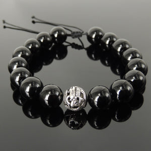 Handmade Asian Dragon Braided Bracelet - Men & Women Good Fortune Protection with Bright Black Onyx 12mm Gemstones, Adjustable Drawstring, S925 Sterling Silver Bead (Non-plated) BR1546