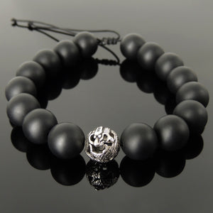 Handmade Asian Dragon Braided Bracelet - Men & Women Good Fortune Protection with Matte Black Onyx 12mm Gemstones, Adjustable Drawstring, S925 Sterling Silver Bead (Non-plated) BR1548