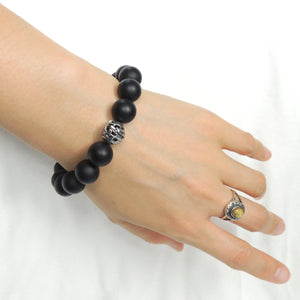 Handmade Asian Dragon Braided Bracelet - Men & Women Good Fortune Protection with Matte Black Onyx 12mm Gemstones, Adjustable Drawstring, S925 Sterling Silver Bead (Non-plated) BR1548