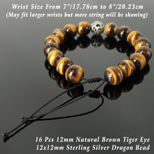 Handmade Dragon Braided Bracelet - Men & Women Energizing Protection with Brown Tiger Eye 12mm Gemstones, Adjustable Drawstring, S925 Sterling Silver Bead BR1549