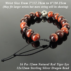 Handmade Dragon Braided Bracelet - Men & Women Energizing Protection with Red Tiger Eye 12mm Gemstones, Adjustable Drawstring, S925 Sterling Silver Bead BR1550