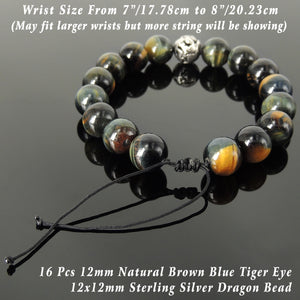 Handmade Dragon Braided Bracelet - Men & Women Energizing Protection with Brown Blue Tiger Eye 12mm Gemstones, Adjustable Drawstring, S925 Sterling Silver Bead BR1551