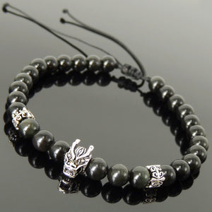 Handmade Wolf Braided Bracelet - Men & Women Casual Daily Wear, Protection with Rainbow Black Obsidian 6mm Gemstones, Adjustable Drawstring, S925 Sterling Silver Beads BR1552