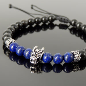 Handmade Wolf Braided Bracelet - 6mm Lapis Lazuli & Rainbow Black Obsidian Gemstones, Adjustable Drawstring, S925 Sterling Silver Beads BR1553