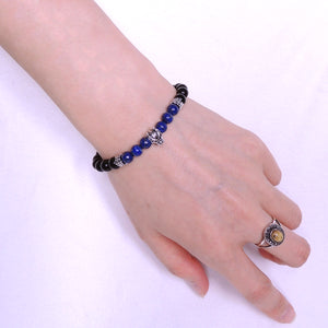 Handmade Wolf Braided Bracelet - 6mm Lapis Lazuli & Rainbow Black Obsidian Gemstones, Adjustable Drawstring, S925 Sterling Silver Beads BR1553