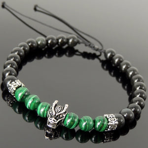 Handmade Wolf Braided Bracelet - 6mm Malachite & Rainbow Black Obsidian Gemstones, Adjustable Drawstring, S925 Sterling Silver Beads BR1554