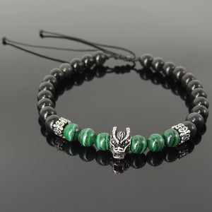 Handmade Wolf Braided Bracelet - 6mm Malachite & Rainbow Black Obsidian Gemstones, Adjustable Drawstring, S925 Sterling Silver Beads BR1554