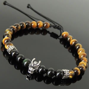 Handmade Wolf Braided Bracelet - 6mm Brown Tiger Eye & Rainbow Black Obsidian Gemstones, Adjustable Drawstring, S925 Sterling Silver Beads BR1555