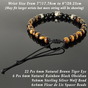 Handmade Wolf Braided Bracelet - 6mm Brown Tiger Eye & Rainbow Black Obsidian Gemstones, Adjustable Drawstring, S925 Sterling Silver Beads BR1555