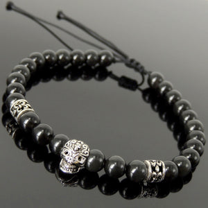 Handmade Sugar Skull Inspired Braided Bracelet - 6mm Rainbow Black Obsidian Gemstones, Adjustable Drawstring, S925 Sterling Silver Beads BR1556