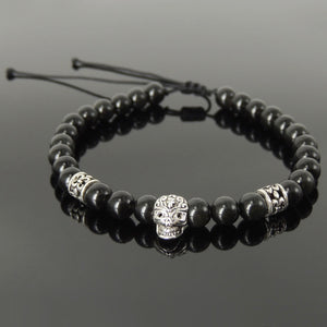 Handmade Sugar Skull Inspired Braided Bracelet - 6mm Rainbow Black Obsidian Gemstones, Adjustable Drawstring, S925 Sterling Silver Beads BR1556