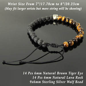 Handmade Braided Wolf Bracelet - Lava Rock & Brown Tiger Eye 6mm Stones, Adjustable Drawstring, S925 Sterling Silver Bead BR1557